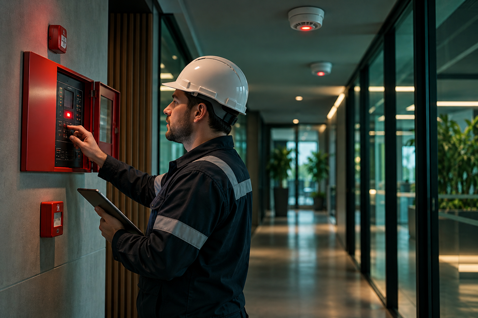 Imagem ilustrativa: técnico verifica um painel de detecção e alarme de incêndio