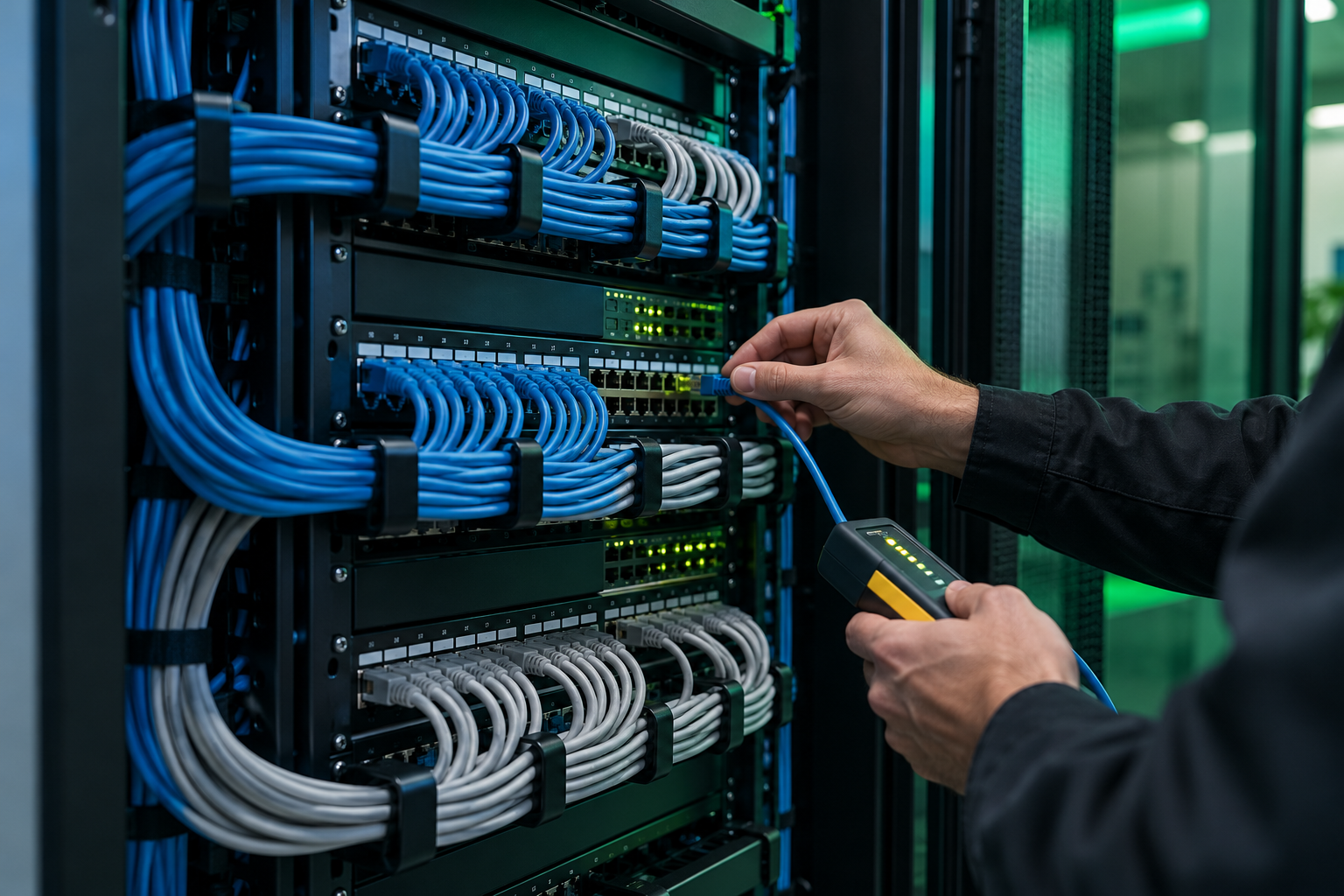 Imagem ilustrativa: técnico testa conexões de cabeamento estruturado em um rack de rede