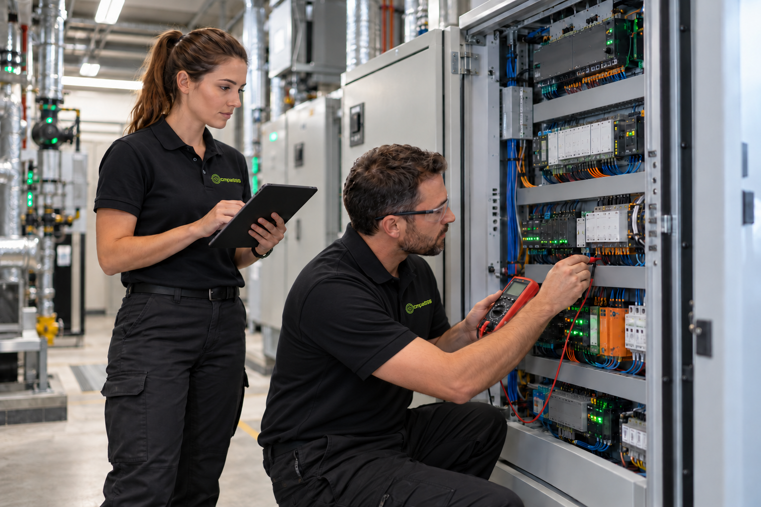 Imagem ilustrativa: técnicos fazem manutenção em um painel de automação predial